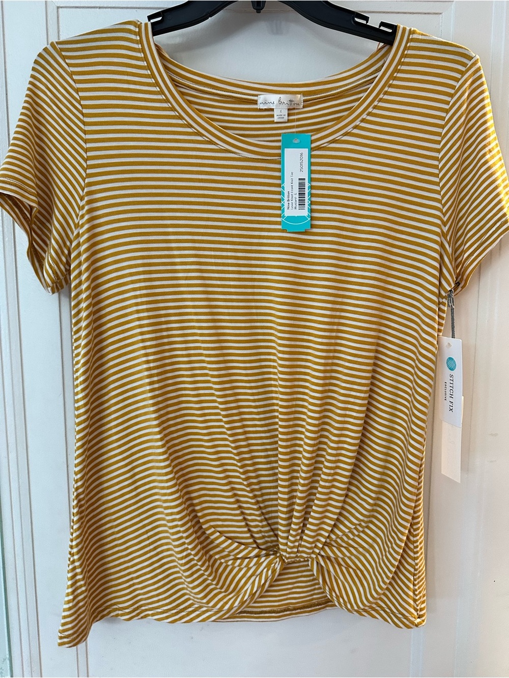 nine britton Mustard & White Striped Knot-Front Short Sleeve Tee